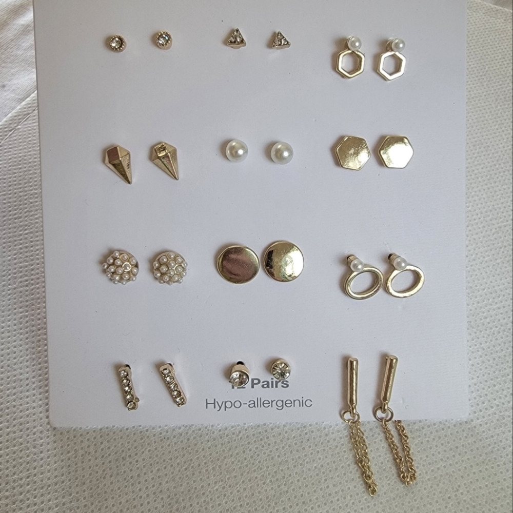 12 Pairs Fashion Earrings | Gold Tone Faux Pearl Studs